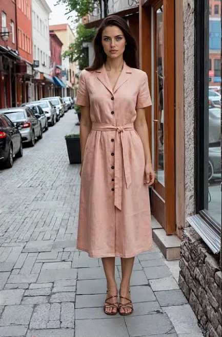 dress Linen Button Front Midi Dress with Tie Belt Etsy - Seller $125.7