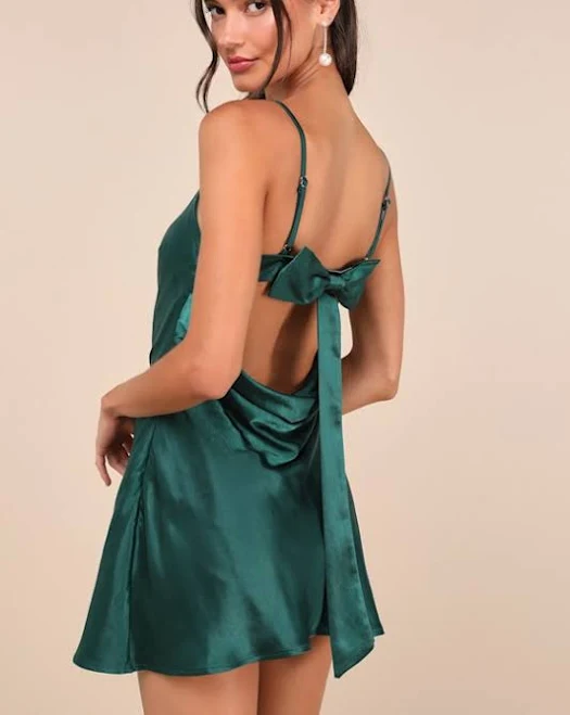 dress Lulus Sincerest Elegance Emerald Satin Cowl Back Bow Mini Dress Lulus $59