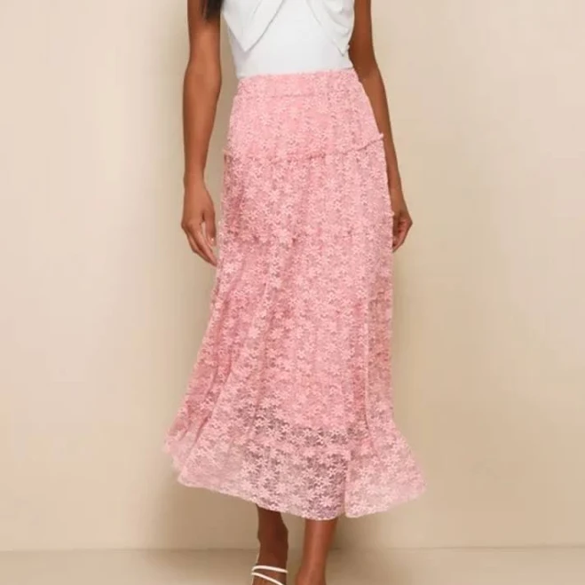 skirt Lulus Skirts | Lulus Easily The Sweetest Mauve Pink Lace Tiered High-Rise Midi Skirt Xs | Color: Pink | Size: Xs | Stephjoshie's Closet Poshmark $25