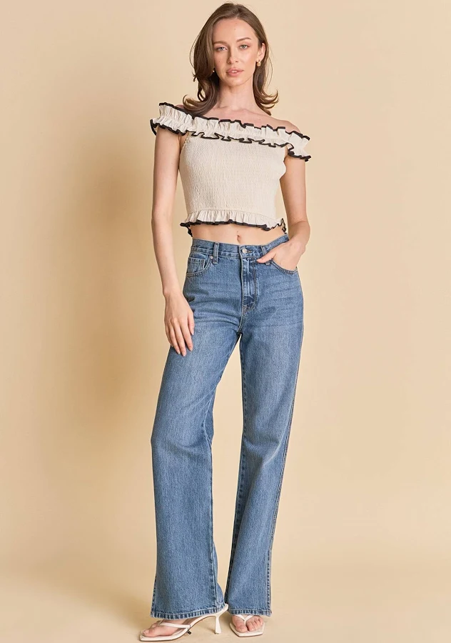 top Marina Off-the-Shoulder Ruffle Smocked Top Endless Rose $85