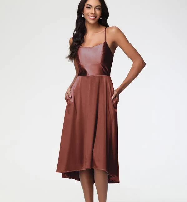 dress Minimalist A-Line Spaghetti Strap Sleeveless Stretch Satin Midi Formal Dress Cicinia $85.99