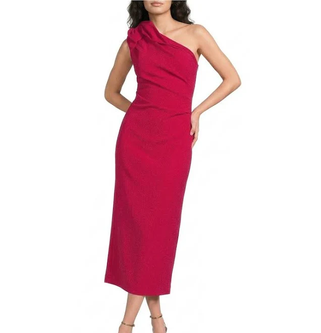 dress Muse by Marchesa Tulip One Shoulder Stretch Crepe Column Midi Dress, Womens, 4, Cerise Dillard's $159