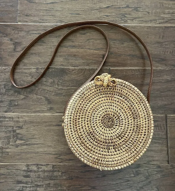 bag Natural Woven Round Circle Crossbody Boho Purse With Leather Shoulder eBay $25