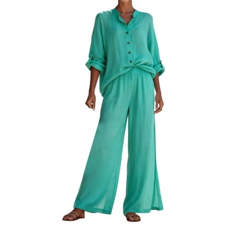 matching set Nmmued Linen Two Piece Set Women Long Sleeve Button Down Oversized Pant Sets Long Sleeve Button Down Shirt and Wide Leg Pants Set Loose Fit Casual Walmart - NMMUED $47.59