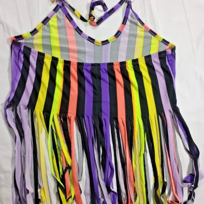 halter top NWOT Love Chain Halter Top 3XL Colorful Striped Fringe Stretch Festival - Women | Color: Black | Size: 3XL Mercari $8