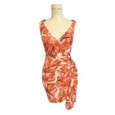 dress NWT Women Terracotta Abstract Leaf Print Mini Dress Side Tie O-Ring Straps Vacay eBay $14.25
