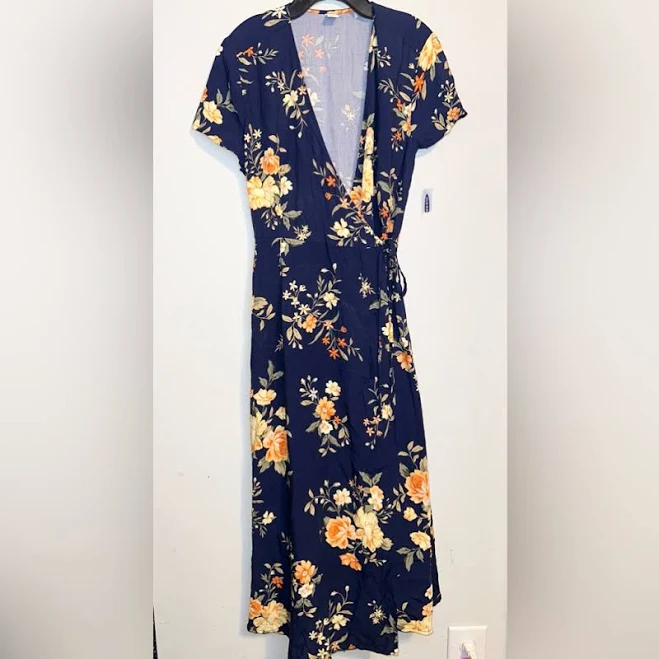 dress Old Navy Dresses | Old Navy Floral Wrap Midi Dress - Navy With Yellow Floral Nwt | Color: Blue/Yellow | Size: S | Junner16's Closet Poshmark $20