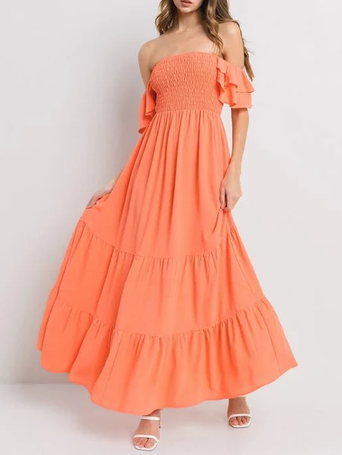 dress Orange Smocked Ruffle Off Shoulder Tiered Maxi Dress PinkBlush Maternity $58