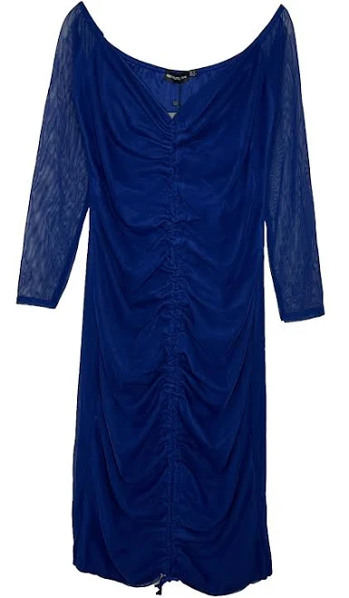 dress Pretty Little Thing Dress Long Sleeve Mesh Ruched V Neck Bodycon Blue Sz 14 eBay - thriftybeeboutique $29.99