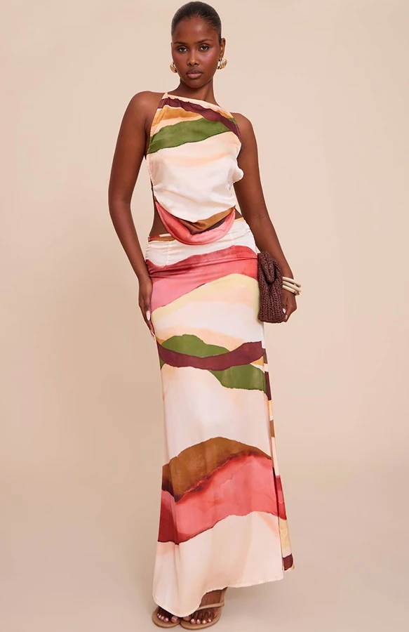 maxi skirt PrettyLittleThing Women's Abstract Print Satin Floaty Maxi Skirt Nasty Gal - US $12