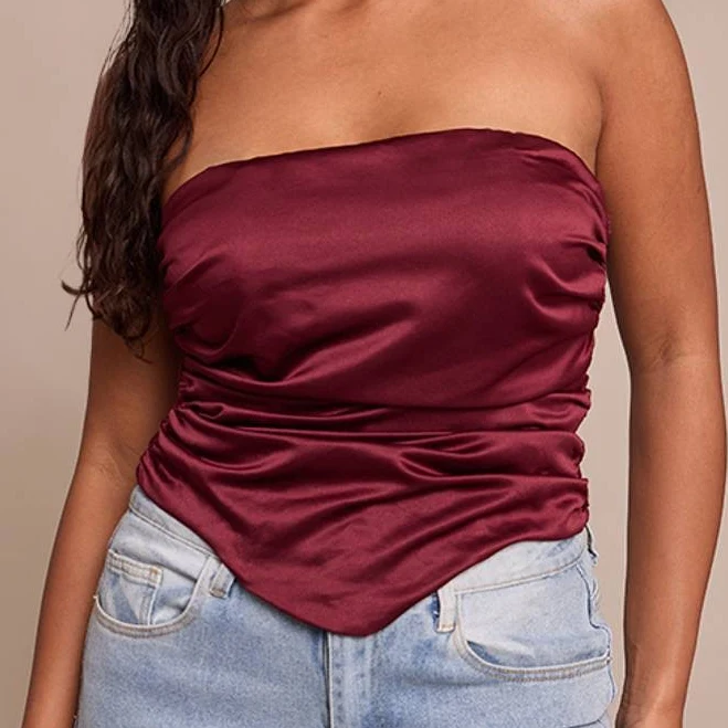 tube top PrettyLittleThing Women's Shape Satin Ruched Bandeau Top in Wine | Size: 6 Nasty Gal - US $12