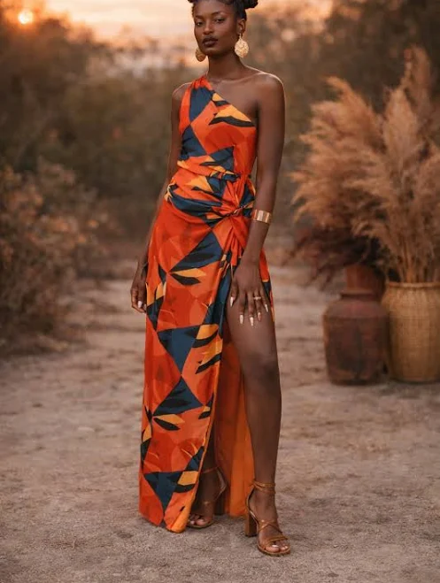 maxi dress Rachel One Shoulder Abstract Print Maxi Nina Cheyenne $120