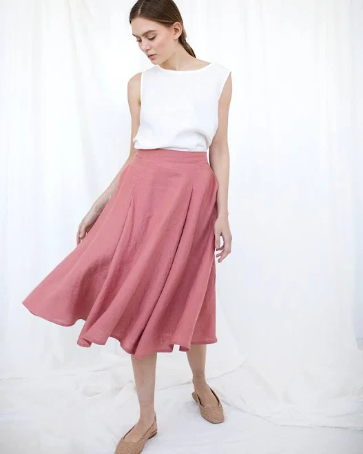 skirt Retro Pleated Linen Midi Skirt with Pockets Etsy - Glowinslow $101.44