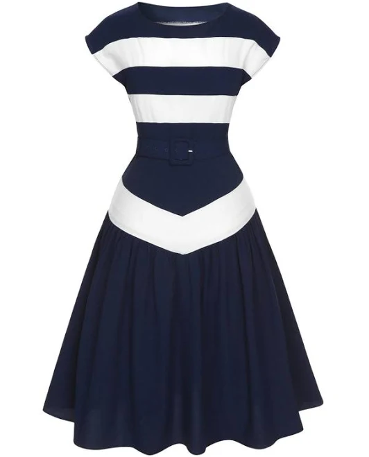 dress Retro Stage Ladies Striped Boat Neck Midi Swing Dress Retro Stage $33.99