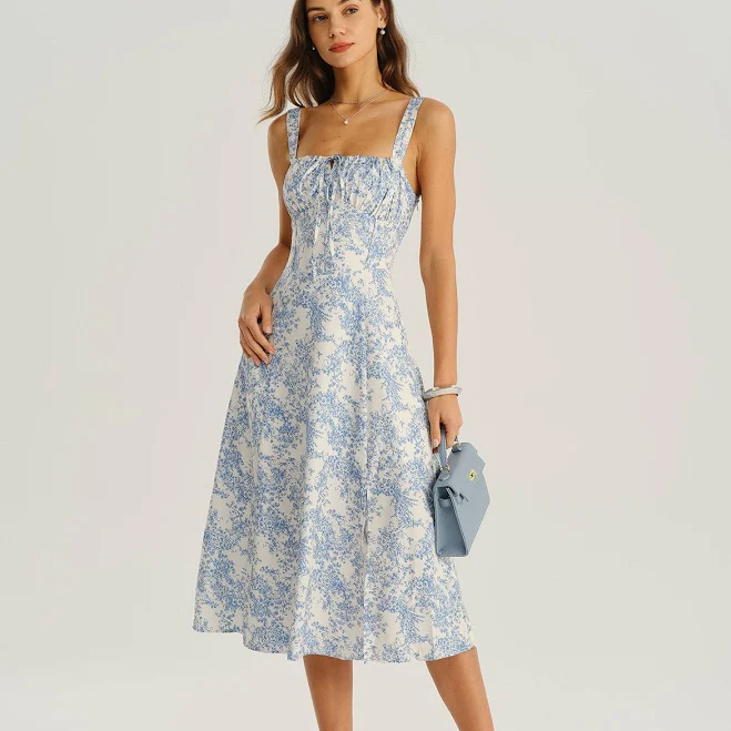 sundress Rihoas Floral Tie Front Midi Dress with High Slit Rihoas $39