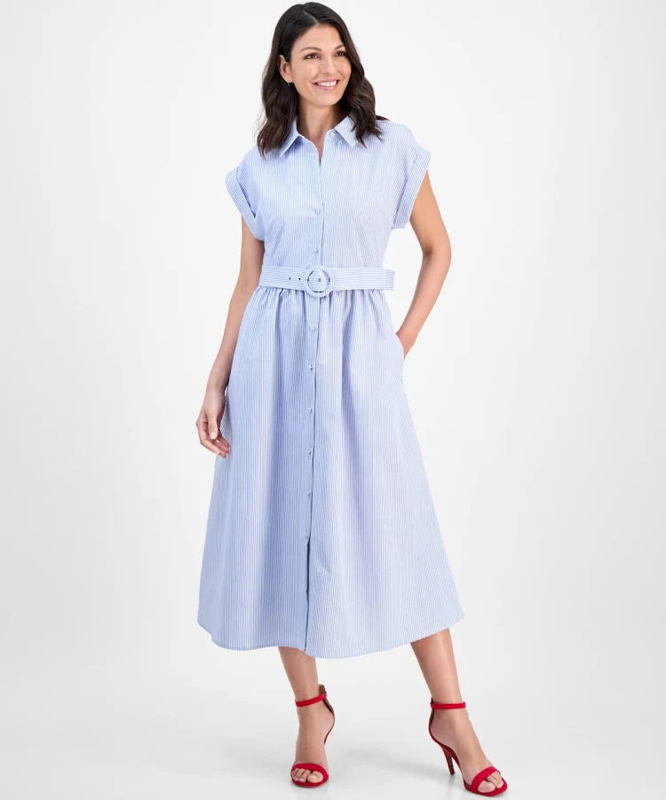 dress Robbie Bee Women's Striped Belted Midi Shirtdress Macy's $79