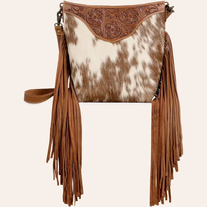 bag Rockin' C Tan Hair on Hide Tooled Leather Crossbody Bag Cavender's Boot City Western Store $90