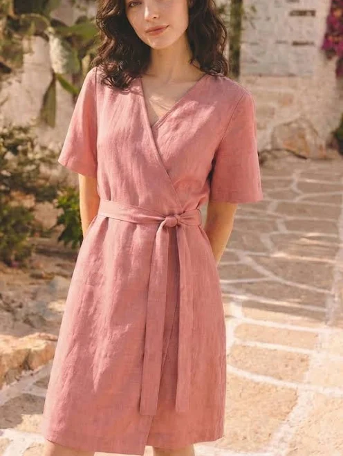dress Roselle Women's Breathable Linen Wrap Midi Dress SonFre $147.54