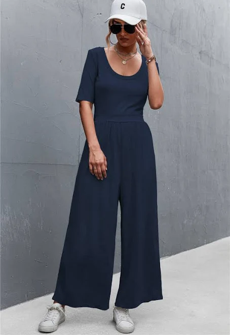 jumpsuit Scoop Neck Half Sleeve Wide Leg Jumpsuit Blue Hawthorn Boutique $33.54
