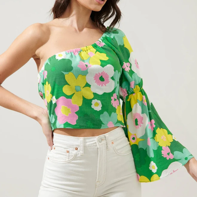 one shoulder top Sugarlips Wrenly Floral One Shoulder Bell Sleeve Top Sugarlips $45