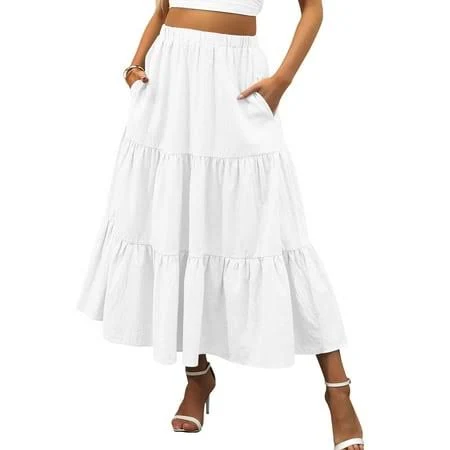 skirt Temofon Midi Pleated Skirts for Women with Lining Elastic High Waist with Pockets Maxi A Line Linen Summer Clothes Trendy Flowy Walmart - TEMOFON $16.98