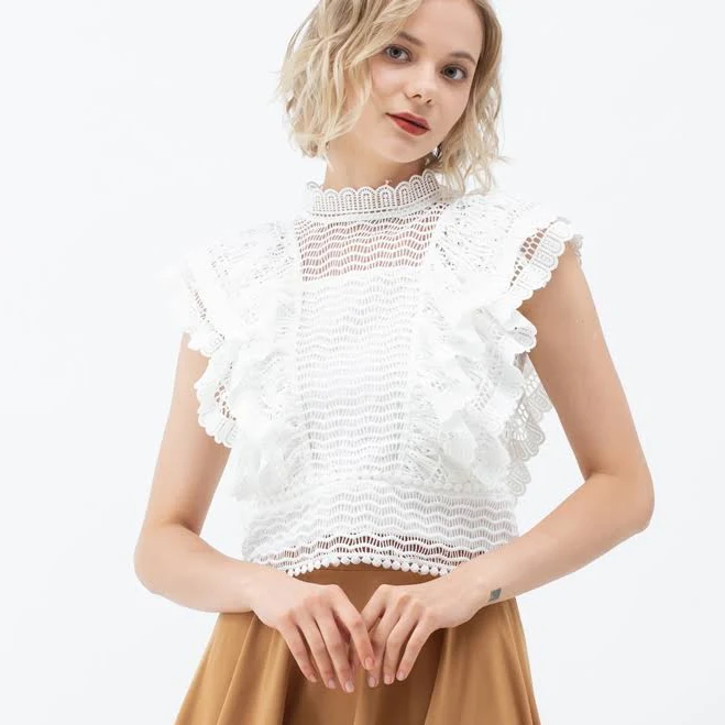 sleeveless top Tiered Ruffle Crochet Mock Neck Top Chicwish $39.9