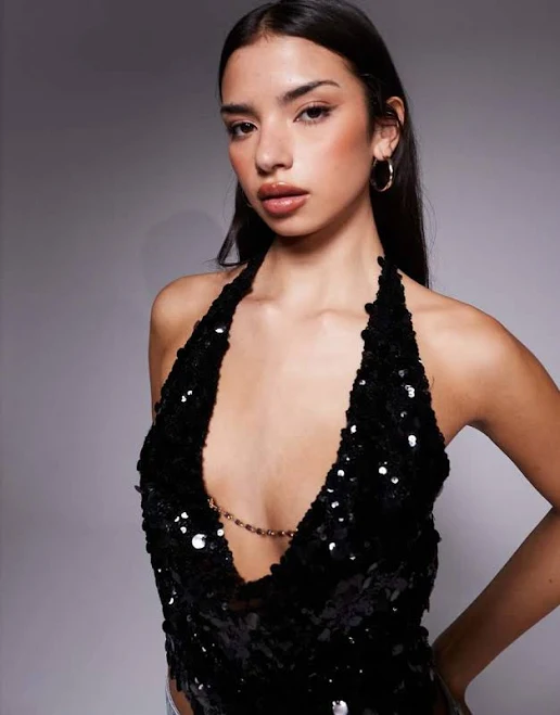 halter top Tiger Mist Zana halterneck disc sequin chain cowl detail tie back top in black ASOS $65
