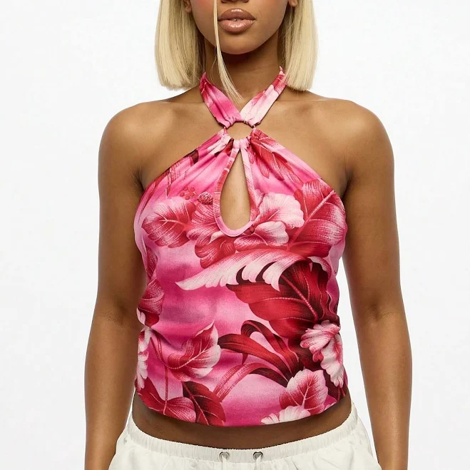crop top Tropical Floral Halter Cross-Front Crop Top missguided $7.43
