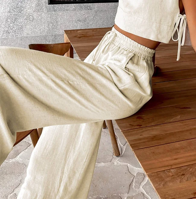 linen outfit Utility Linen Two Piece Wide Leg Pants Set Commense $49