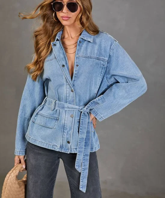 accessory Weekend in Blue Waist Tie Denim Jacket VICI $73.5