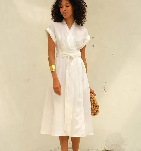dress White Linen Wrap Midi Dress for Women – Effortless Elegance chelie.us $176