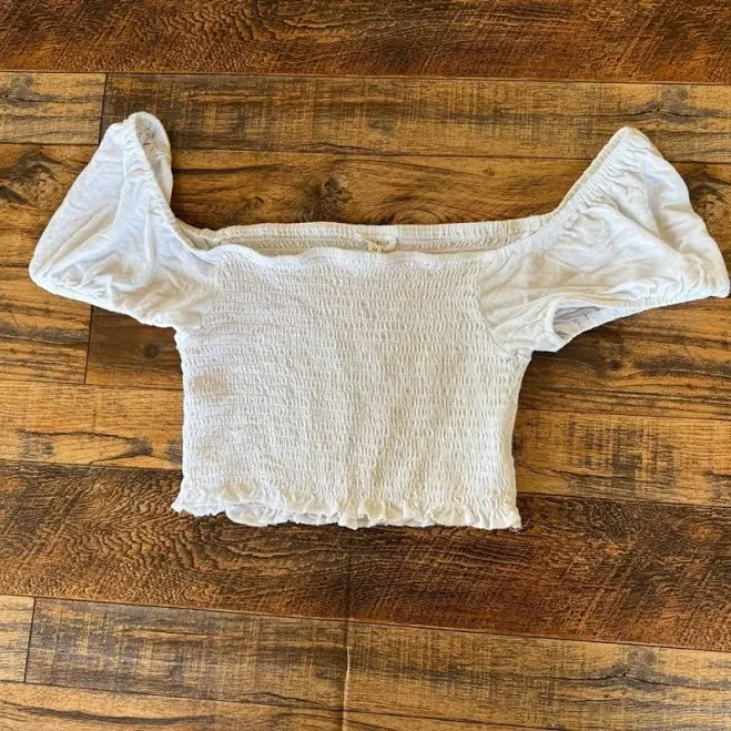 top White Smocked Crop Top Medium Puff Sleeve Off Shoulder Cottagecore eBay $12.99