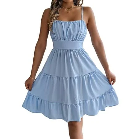 dress Women Ruffled Tiered Adjustable Spaghetti Strap Midi Dress Light Blue S, Women's, Size: Small Walmart - Moucles $23.89