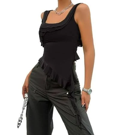 sleeveless top Women's Asymmetrical Fitted Ruffle Tank Top Walmart - ruijiedianzishangwu $13.99