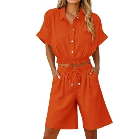 matching set Women's Casual Linen Cotton Two Piece Set Walmart - ThreadActive Fashion $29.99