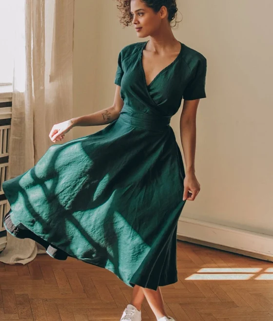 dress Women's Classic Linen Midi Dress with Tie Waist and Pockets VisibleArt $135