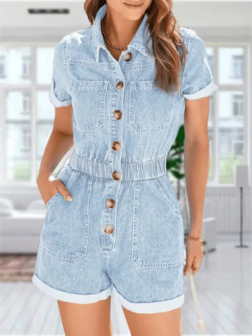 romper Women's Cotton Denim Short Sleeve Button Up Elastic Waist Romper Shein $29.94