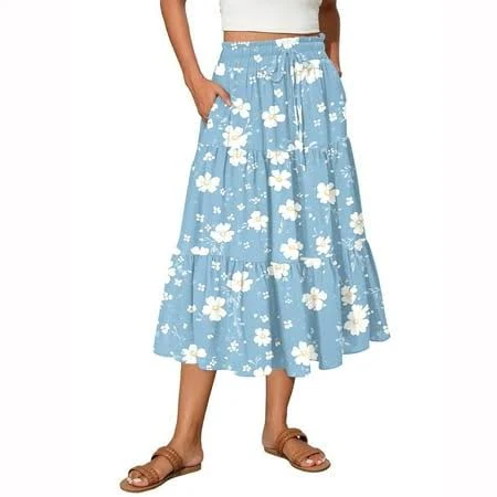 skirt Women's Floral Print Tiered Maxi Skirt with Elastic Waist and Drawstring Pockets Walmart - xiangpeng $20.38