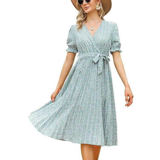 dress Women's Floral Print Wrap Dress with Puff Sleeves V-Neck Tie Waist Pleated Midi Dress, Size: XL, Green Kohl's $32.99
