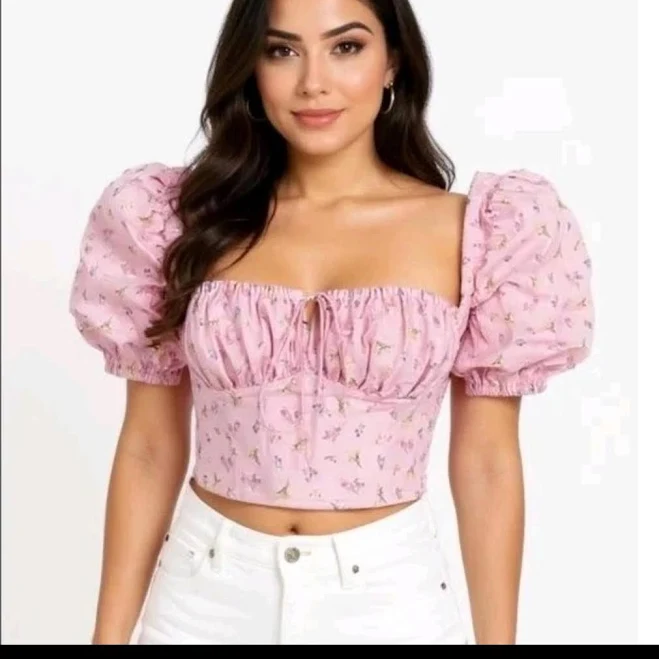 top Women's Floral Square Neck Puff Sleeve Crop Top Poshmark $20
