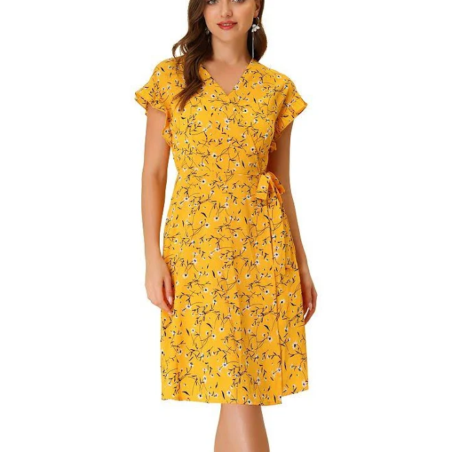 dress Women's Floral V Neck Ruffled Flutter Sleeve Belt Wrap Midi Dress, Size: XL, Yellow Kohl's $34.99