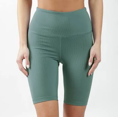 biker shorts Womens High Waist Ribbed 9" Biker Shorts, S / Granite Green 90 Degree by Reflex $24.99