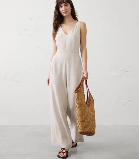 linen outfit Women's Linen-Blend Vee-Neck Jumpsuit Banana Republic Factory $160