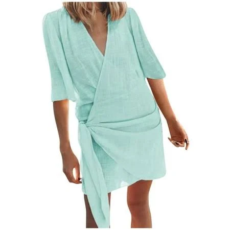 dress Women's Linen Wrap V Neck Mini Dress with Self Tie Walmart - Daiosportswear $12.12