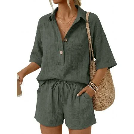 two piece set Women's Oversized Linen V-Neck Short Sleeve Suit Walmart - Z Lgmexo $20.99