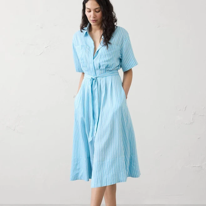 dress Women's Pleated Midi Shirtdress Light Blue Stripe Banana Republic Factory $70
