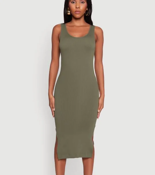 dress Womens Rib Knit Scoop Neck Side Slit Tank Dress, Olive, Size M - Rainbow Shops Rainbow Shops $4.49