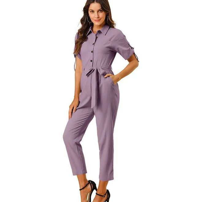 romper Women's Romper Turndown Collar Button up Tie Waist Cargo Jumpsuit, Size: XL, Dusty Purple Kohl's $50.99