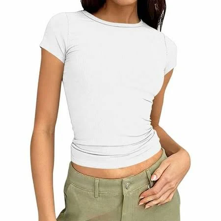 top Women's Slim Fit Ribbed Knit Crew Neck Short Sleeve Crop Top Walmart - Fashion Outfits For You $5.39