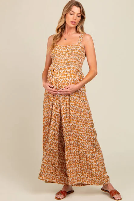 romper Yellow Printed Smocked Wide Leg Maternity Jumpsuit PinkBlush Maternity $53